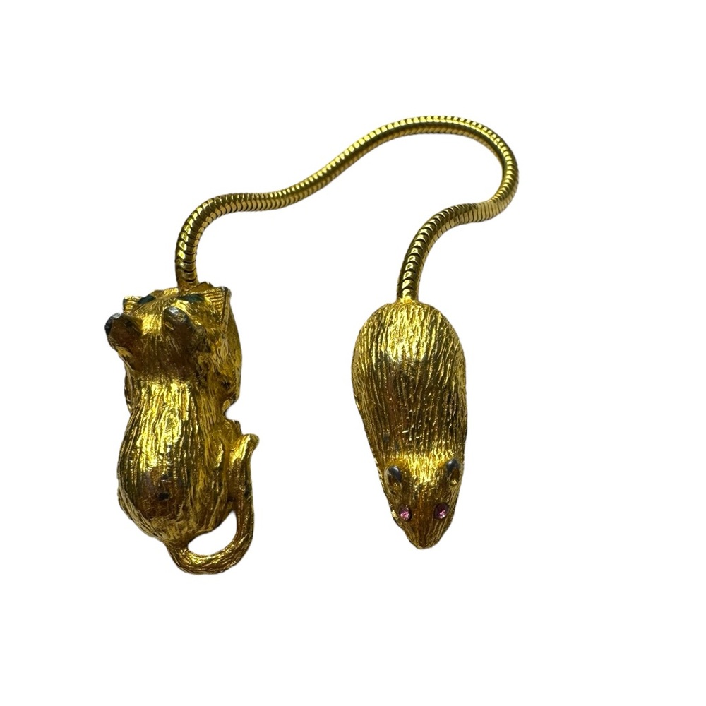Vintage Cat & Mouse Gold-Tone Wrap Brooch/Clips